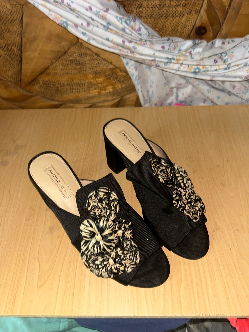 ANTONIO MELANI Black Floral Applique Block Heel Mules